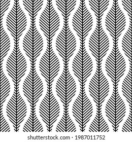 Scandinavian modern folk seamless vector pattern with leaves, black lines and other geometric shapes on white background in minimalist geometric style