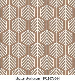 Scandinavian modern geometric seamless vector pattern with hexagons and white lines on brown background in minimalist style