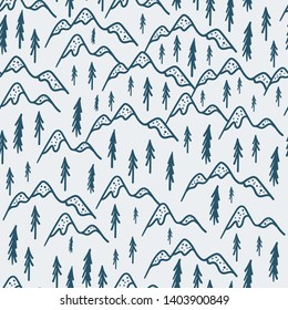 Scandinavian mountains and fir trees seamless doodle hand drawn pattern. Stock vector