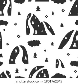 Motif de montagnes scandinaves. Forêt de gribouillis abstraite, rochers sur fond arboré. Texture vectorielle harmonieuse tissu de pépinière ou d'enfants