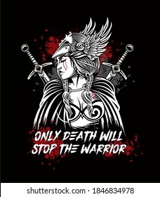 scandinavian mythological viking character woman-warrior valkyrie in winged helmet with blood background t shirt design 