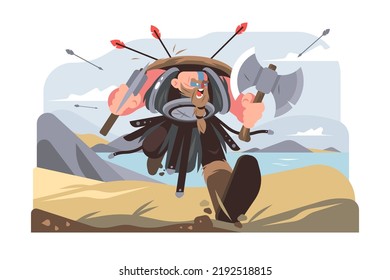 Scandinavian Mythology Character Viking With Weapon Vector Illustration. Bearded Man Soldier Flat Style. Warrior, Hero Of Legend Concept