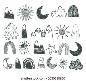 Elementos naturales escandinavos. Montañas de doodles al estilo escandés, arcos de lluvia, sol, nubes.