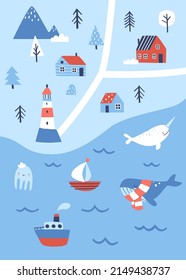 Scandinavian nautical map for nursery carpet. North coastal village print with beacon and sea.