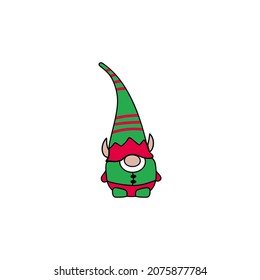 Scandinavian Nordic Baby Gnome disguised as an Elf. The Elf Family member collection on white. Cute Christmas Kid Elf. Funny vector illustration for greeting card, t shirt print, mug, web design.