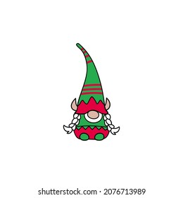 Scandinavian Nordic Baby Gnome disguised as an Elf. The Elf Family member collection on white. Cute Christmas Elf Kid. Funny vector illustration for greeting card, t shirt print, mug, web design.