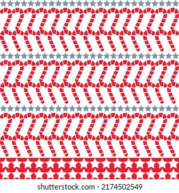 Scandinavian Nordic Christmas Pattern With Candy cane, Stars, Red Vector Background.