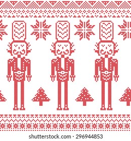 Scandinavian Nordic Christmas  pattern with nutcracker soldier , Xmas trees , snowflakes, stars, snow in red 