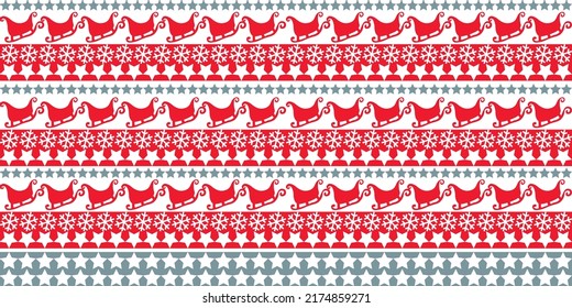 Scandinavian Nordic Christmas Pattern With Snowflake, Stars, Sleigh, Red Vector Background.