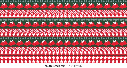 Scandinavian Nordic Christmas Pattern With Snowflake, Stars, Bells, Red and Green Vector Background.