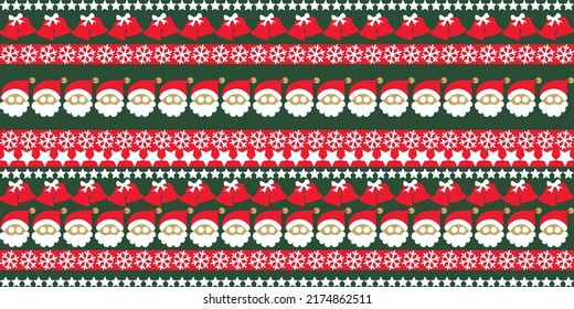 Scandinavian Nordic Christmas Pattern With Snowflake, Santa claus, Bells, Red and Green Vector Background.
