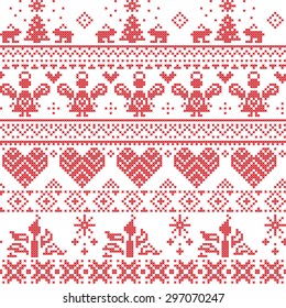 Scandinavian Nordic Christmas seamless cross stitch pattern with angels, Xmas trees, rabbits, snowflakes, candles in white and red with decorative ornaments 
