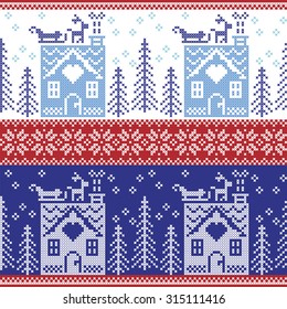 Scandinavian Nordic Christmas seamless  pattern with gingerbread house, snow, reindeer, Santa's  sleigh, trees, star, snow, Xmas gift, snowflakes in dark and light blue cross stitch 
