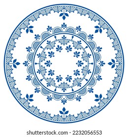 Scandinavian and Nordic floral mandala vector embroidery folk art style - perfect for plate decor, greeting card or wedding invitation. Retro decoration with flowers and leaves in navy blue 