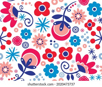 Scandinavian or Nordic floral seamless vector pattern - hand drawn foilk art design textile design with red, pink, and navy blue flowers on white 