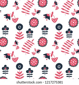 Scandinavian nordic flowers and houses seamless patterns