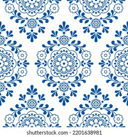  Scandinavian and Nordic folk art inspired vector seamless pattern, floral decorative wallpaper, textile or fabric print design. Retro style line art background in navy blue on white background

