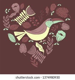Scandinavian nordic folk art pattern with birds and flowers brown colors