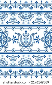 Scandinavian, Nordic folk art style outline vector seamless tile pattern with flowers in navy blue - textile or fabric print design. 
Retro long vecrtical nature background, floral repetitive ornament