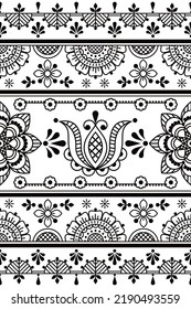 Scandinavian, Nordic folk art style outline vector seamless tile pattern with flowers in black and white - textile or fabric print design. Retro monochrome long floral vertical nature background