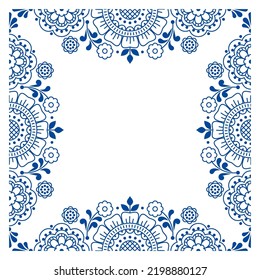 Scandinavian or Nordic folk art style Floral outline vector greeting card or wedding invitation pattern in sqaure. Traditional retro backgroundwith flowers and leaves in navy blue on white