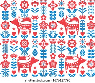 Scandinavian or Nordic folk art vector seamless pattern with flowers and fox, floral textile design inspired by traditional embroidery from Sweden, Norway and Denmark. Forest happy Nordic art