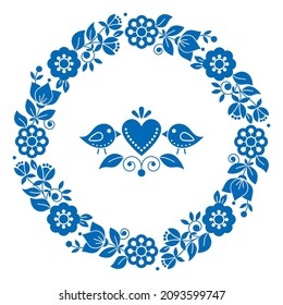 Scandinavian, Nordic folk art vector Valentine's Day greeting card or wedding invitation design, Swedish pattern with floral wreath, birds and heart in blue. Traditional background with flowers