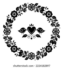 Scandinavian, Nordic folk art vector Valentine's Day greeting card or wedding invitation design, black and white Swedish pattern with floral wreath, birds and heart. Traditional monochrome background 