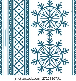 Patrones geométricos nórdicos escandinavos y copos de nieve diseño de baldosas sin costuras con tonos fríos concepto como tonos fríos destacan patrones geométricos nórdicos escandinavos entrelazados con copos de nieve en diseño de baldosas sin costuras en Foto de archivo Concepto y espacio vacío en el lado izquierdo, sin texto --ar 7:2 --tile