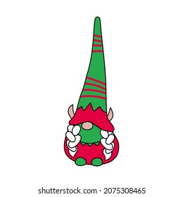 Scandinavian Nordic Gnome disguised as an Elf. The Elf Family member collection on white. Cute Christmas Elf Mom. Funny vector illustration for greeting card, t shirt print, mug, web design.