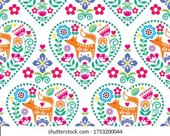 Scandinavian or Nordic heart folk art vector seamless pattern with flowers and fox, floral textile design inspired by traditional embroidery from Sweden, Norway and Denmark. 