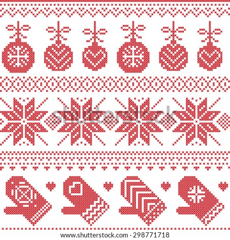 Scandinavian Nordic seamless Christmas pattern with Xmas baubles, gloves, stars, snowflakes, Xmas ornaments, snow element, hearts in red cross stitch
