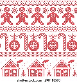 Scandinavian Nordic Seamless Pattern With Gingerbread Man, Xmas Candy Candy Cane, Gingerbread House, Xmas Trees, Heart, Baubles, Stars, Snowflakes In Cross Stitch 
