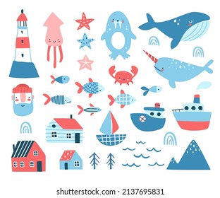 Scandinavian Nordic Set Of Marine Elements. North Sea Bundle. Vector Nautical Collection. 