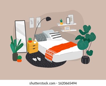 Scandinavian or Nordic style bedroom interior. Hand drawing in scandinavian, style cozy interior with homeplants. Cartoon vector