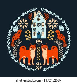Scandinavian nordic style folk art pattern with birds and flowers 