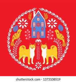 Scandinavian Nordic style  folk art pattern with dogs. birds and flowers 