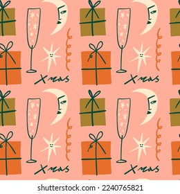 Scandinavian nordic style gifts artisan Noel postcard elements seamless pattern background vector