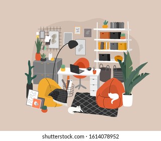 Scandinavian or nordic style interior. Hand drawing style home office. Cozy interior with home plants. Cartoon vector