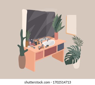 Scandinavian or Nordic style interior. Hand drawing Scandinavian, style cozy bathroom with homeplants and cosmetics. Cartoon vector