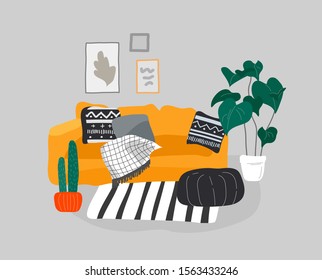 Scandinavian or Nordic style living room interior. Hand drawing Scandinavian style cozy interior with homeplants. Cartoon vector illustration.