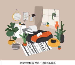 Scandinavian or Nordic style living room interior. Hand drawing Scandinavian style cozy interior with homeplants. Cartoon vector illustration.