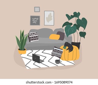 Scandinavian or Nordic style living room interior. Hand drawing Scandinavian style cozy interior with homeplants. Cartoon vector illustration.