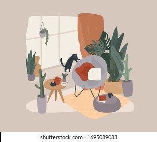 Scandinavian or Nordic style living room interior. Hand drawing Scandinavian style cozy interior with homeplants. Cartoon vector illustration.