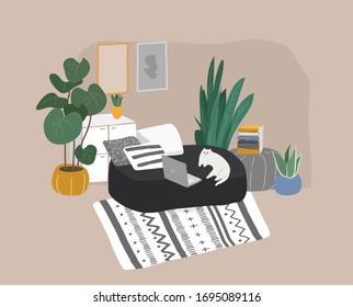 Scandinavian or Nordic style living room interior. Hand drawing Scandinavian style cozy interior with homeplants. Cartoon vector illustration.