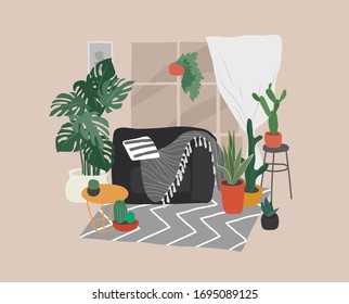 Interior de salón de estilo escandinavo o nórdico. Dibujo a mano estilo escandinavo interior acogedor con plantas. Ilustración vectorial de dibujos animados.