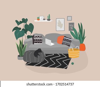 Scandinavian or Nordic style living room interior. Hand drawing Scandinavian style cozy interior with homeplants. Cartoon vector illustration.