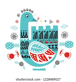 Scandinavian, Nordic style. Ornamental hand drawn swan - Vector illustration - doodle style. Inspired folk art pattern.