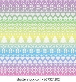 Scandinavian,  Nordic style winter stitching Christmas seamless pattern  including snowflakes, hearts, present, snow, star, Christmas tree and  decorative ornaments on unicorn style colors background
