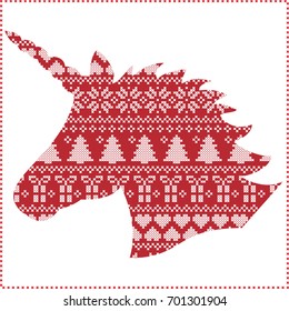 Scandinavian,  Nordic style winter stitching Christmas seamless pattern  including snowflakes, hearts, present, snow, star, Christmas tree, decorative ornaments in Unicorn Shape  in red and white 